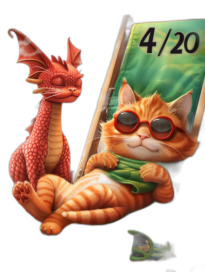 a cute red dragon wearing sunglasses and holding onto the bottom of an orange cat's t-shirt, both laying on sunlounger with poster in background that says "4/20", black isolated background, photorealistic