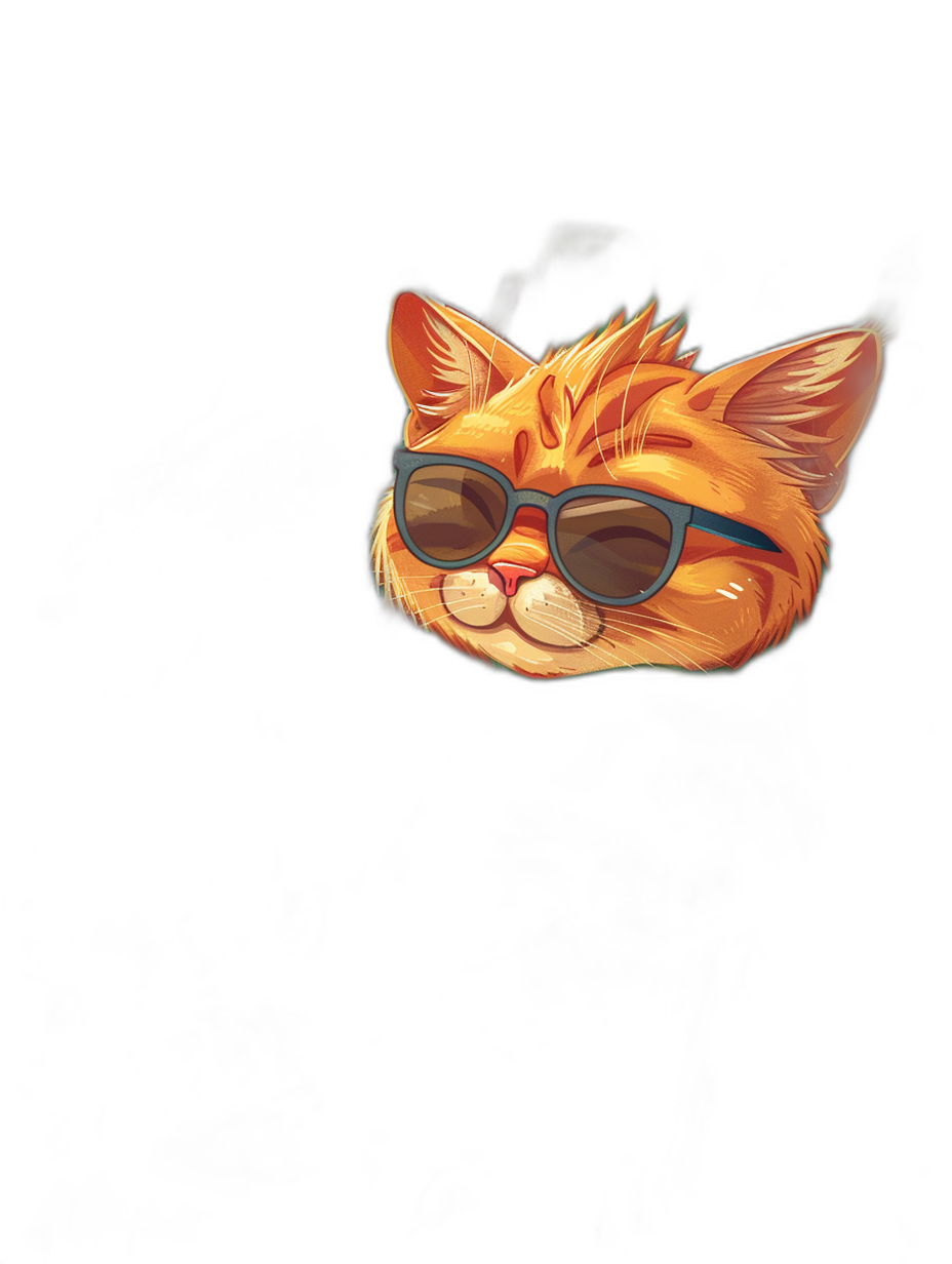 a cartoon illustration of an orange cat wearing sunglasses floating in the air on black background, t-shirt design graphic, ultra detailed, isolated on dark backdrop