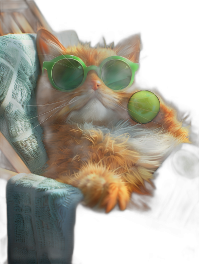 photorealistic cute orange cat with green sunglasses lounging on an armchair, cinematic, dark background, high detail