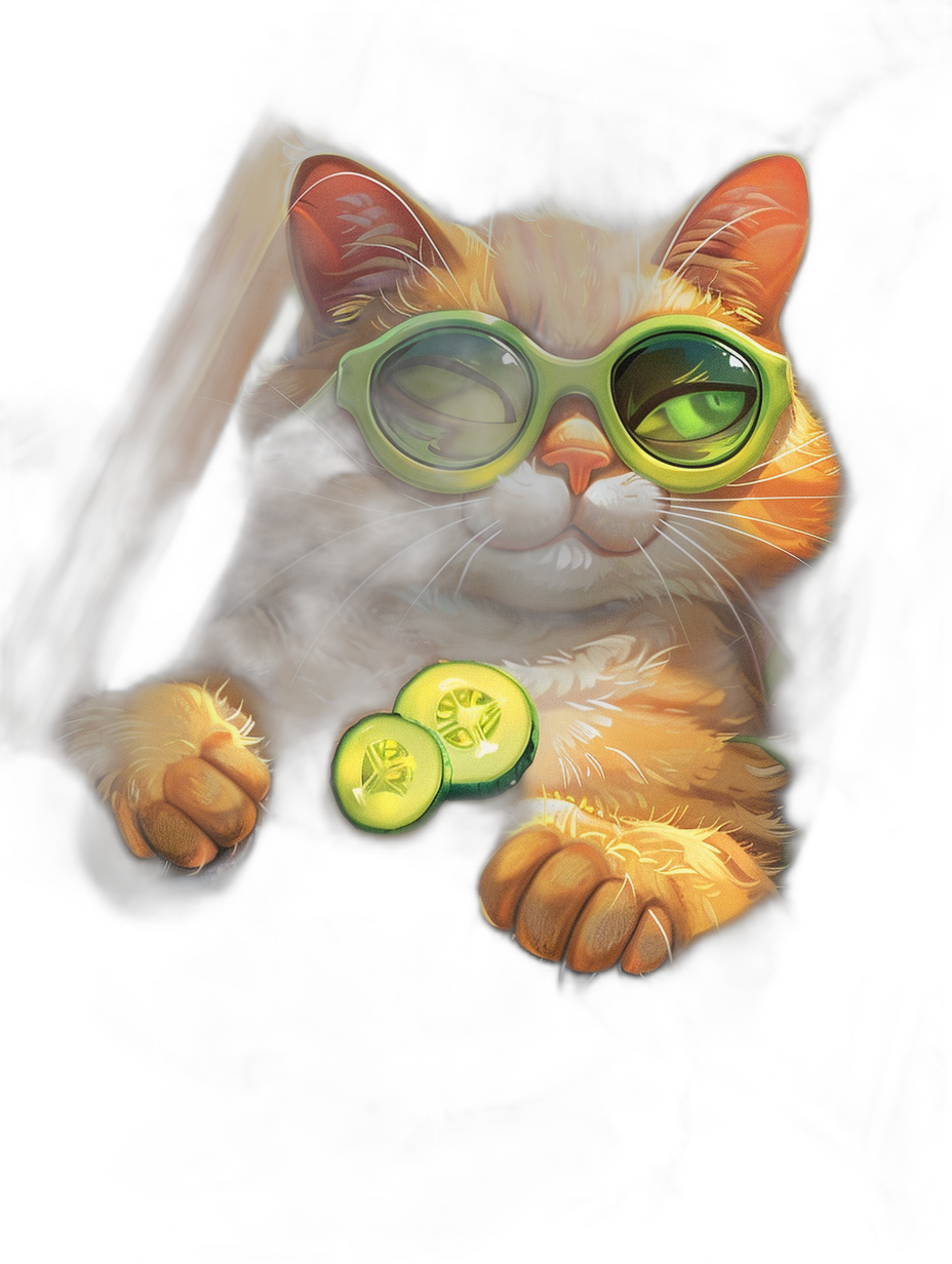 digital art of cute and fat orange cat wearing green sunglasses, one cucumber in his hand , black background, digital painting, dreamy mood