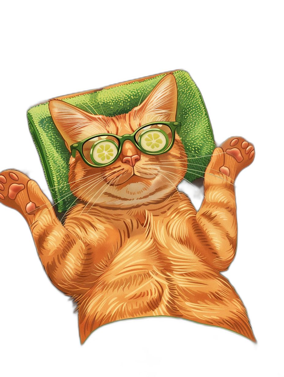 illustration of an orange cat wearing green glasses and cucumber on eyes lying down in the chair, t-shirt design graphic, ultra detailed, isolated black background