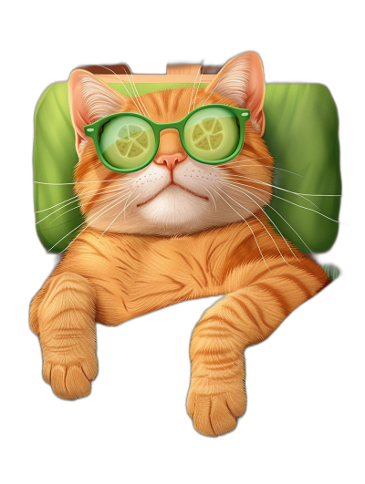 illustration of an orange cat with green glasses lying on the back in a cinema seat, cucumber over eyes, isolated black background, high resolution