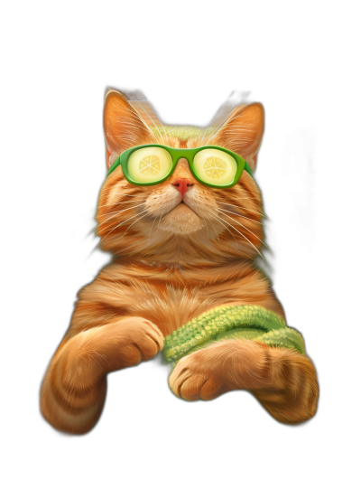 funny ginger cat with green glasses and a cucumber on his eyes, full body illustration in the style of funny, black background, high resolution, high details, digital art