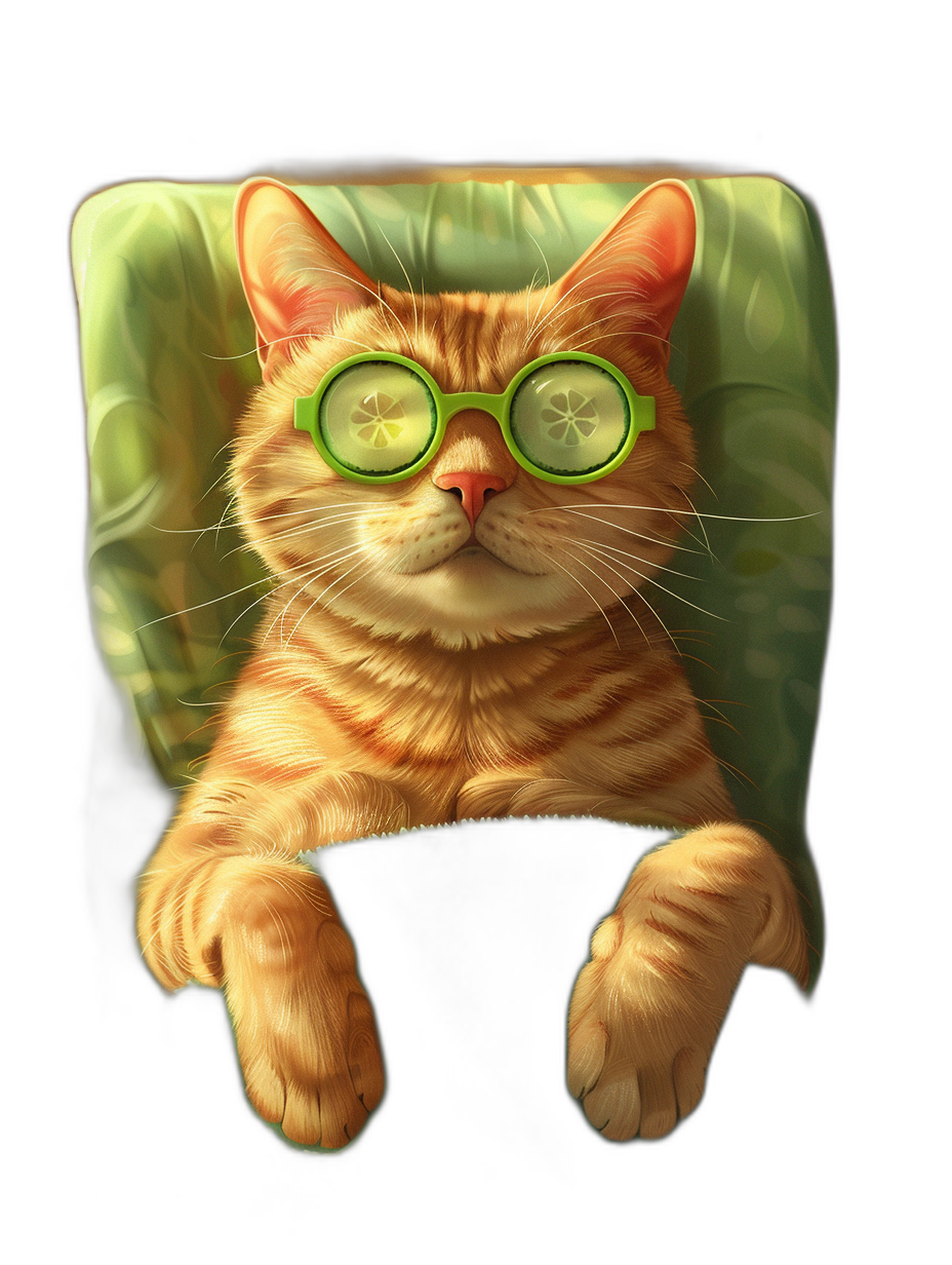 A realistic illustration of an orange cat wearing green glasses with cucumber slice on eyes, sitting in chair, black background, high detailed, high resolution