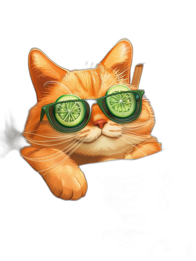 digital art of a cute orange cat, wearing sunglasses with a cucumber on the lens, in the style of hand drawn, black background, chill and cool