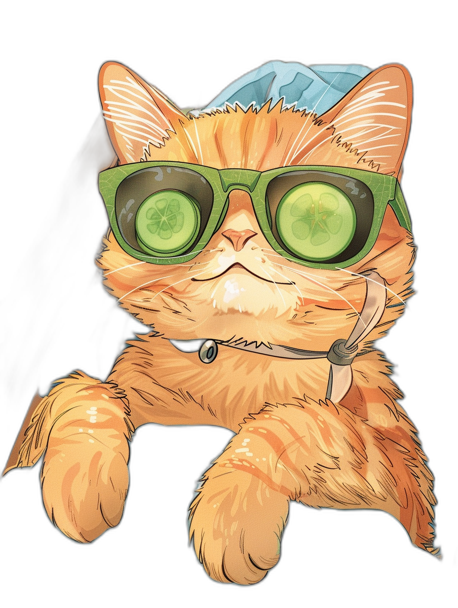 A cute ginger cat with cucumber over his eyes, wearing glasses and a blue hat, vector illustration in the style of t-shirt design graphic, ultra detailed, isolated on a black background