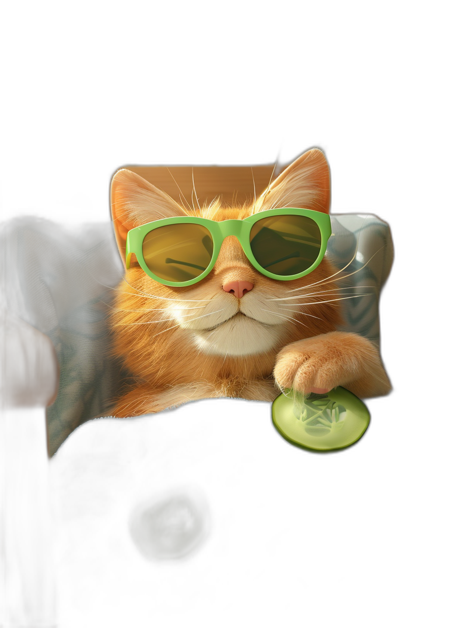 A cute orange cat wearing green sunglasses is lying on the sofa, holding a cucumber in its paws and winking at you. The black background features an illustration style with bright colors and a flat design. A close-up shot of characters was taken from above. It has clear details and high resolution. in the style of  realist detail, detailed , in the style of 3D render, in the style of Octane Render