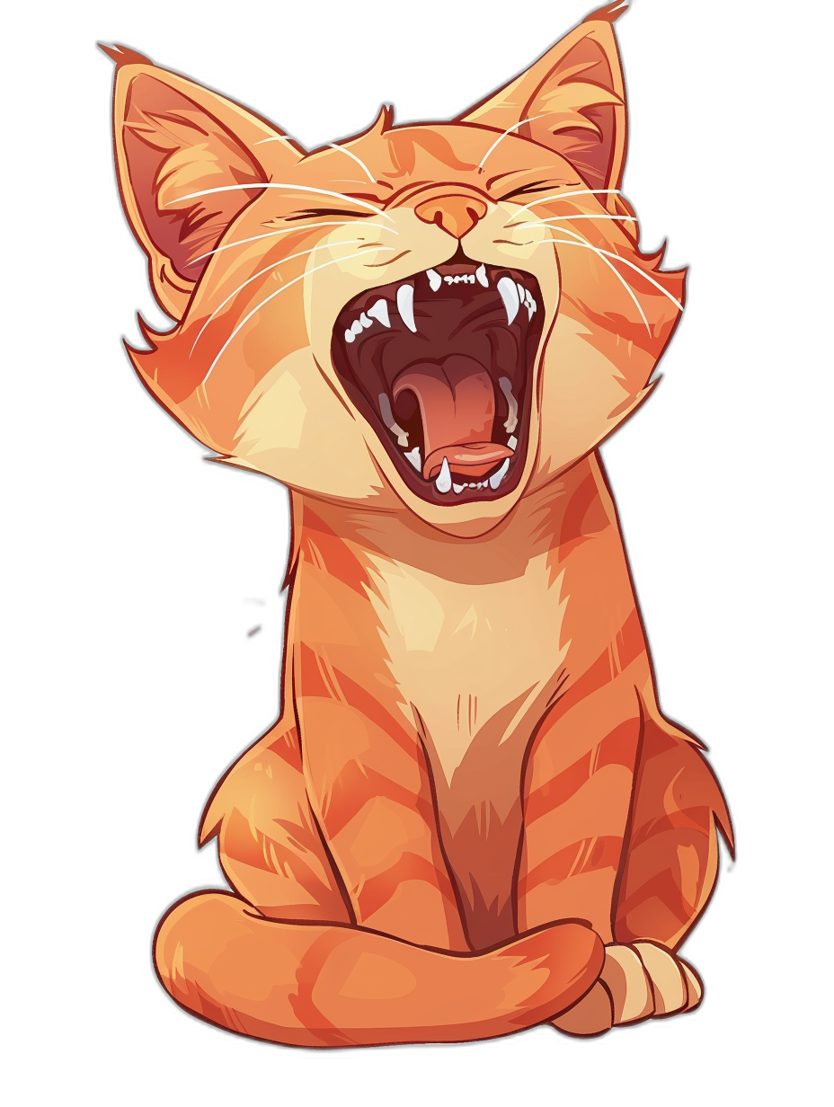 vector design of an orange cat laughing, isolated on a black background, in the style of cartoon, animated gifs, dark red and light amber, smilecore, hard edge, full body portrait