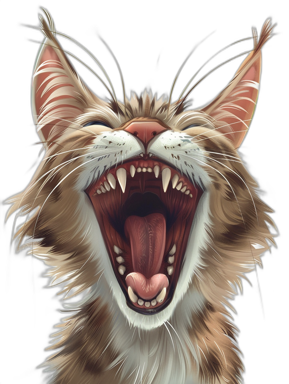 a cat laughing, with fangs showing, vector art, digital painting, hyper detailed, black background, portrait,