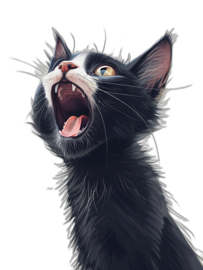 realistic digital illustration of an adorable black and white cat meowing, close up portrait, isolated on a solid background, in the style of Thomas Ascott, detailed character design in the style of Pixar and Disney, high resolution, full color, full body shot, solid dark background