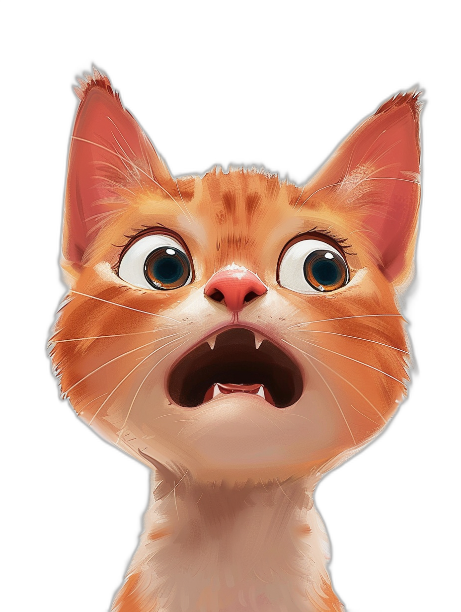 A cute orange cat with an open mouth, headshot in the style of Pixar, Disney cartoon character, black background, digital art, simple, cartoon illustration, high resolution, high quality, high detail, masterpiece, 2d game design