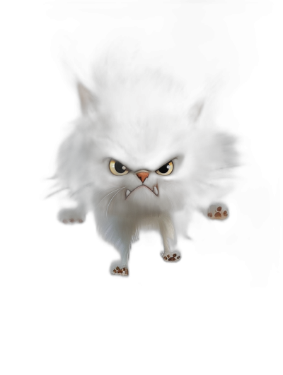 front view of an angry fluffy cat running towards the camera against a dark background in a cute, cartoony style similar to a 3D render.