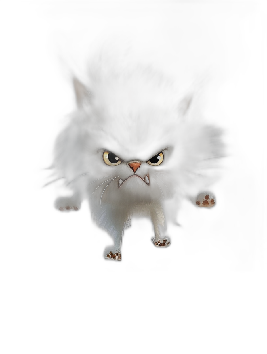 front view of an angry fluffy cat running towards the camera against a dark background in a cute, cartoony style similar to a 3D render.