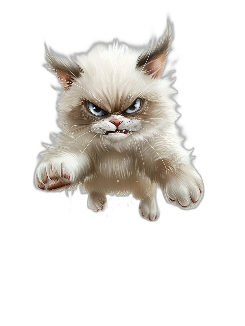 A cute white grumpy cat, jumping towards the viewer with its front paws outstretched in an action pose on a black background, in the style of a detailed digital art.