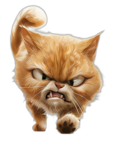 realistic cartoon illustration of an angry orange cat on a black background, detailed character illustrations in the style of realistic hyper-detailed portraits, charming characters