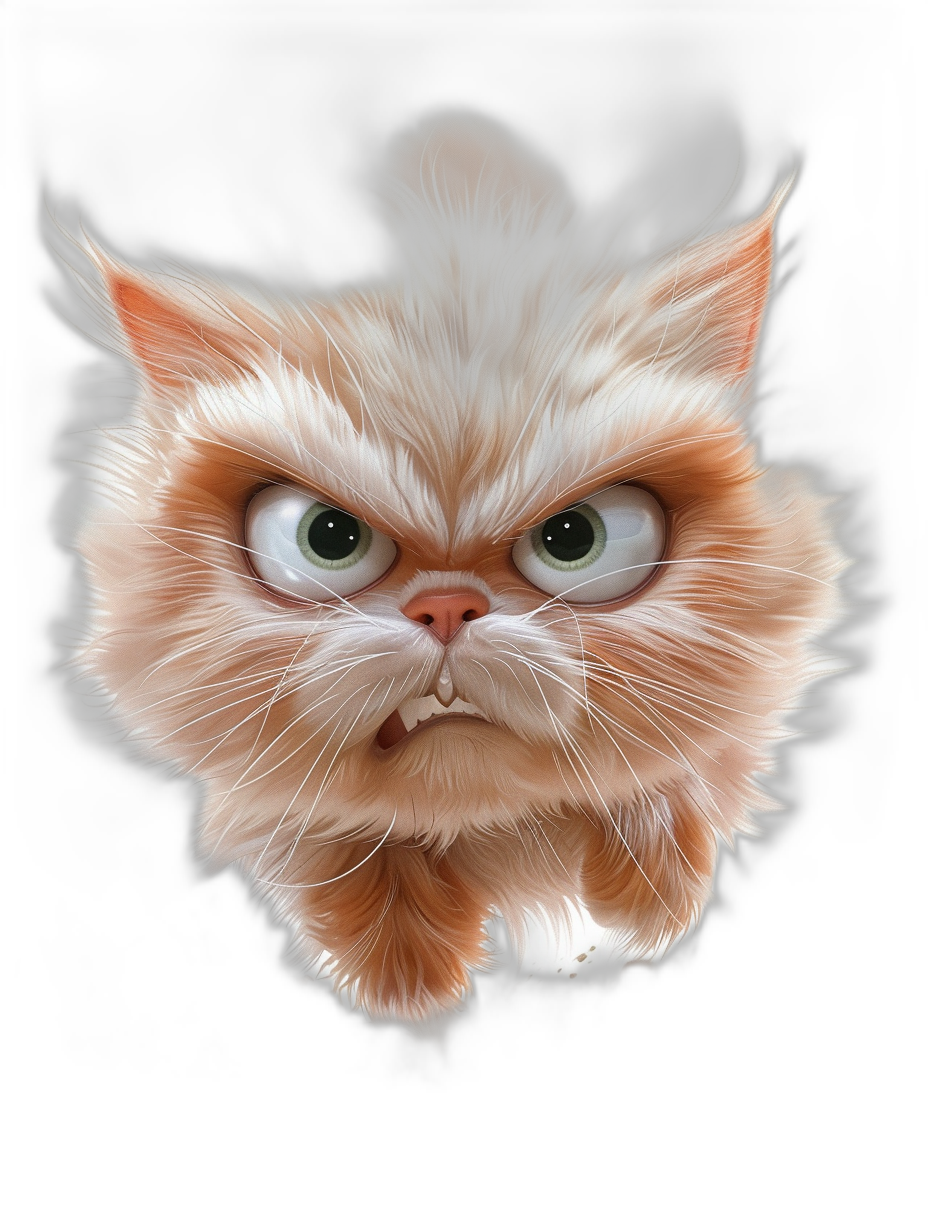 angry cute cat caricature, funny expression, front view, black background, photorealistic digital painting style