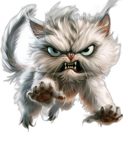 A white cat with grey eyes is jumping towards the viewer in an angry way in the style of cartoon art on a dark background. It is fantasy art done in a 2D game art style showing the cat's full body. Fangs and claws are showing with detailed fur and fluffy hair on its head. The cat has a symmetrical face and foot.