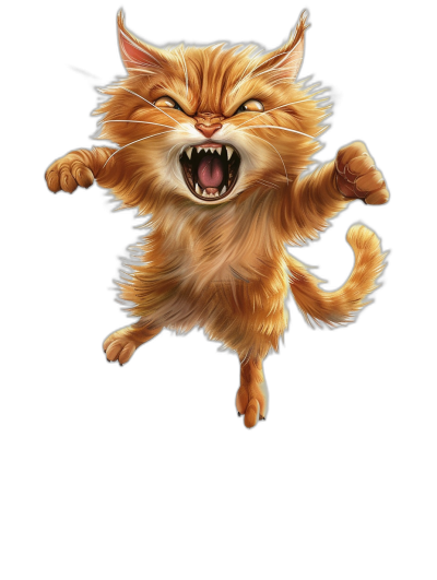 illustration of an angry ginger cat jumping in the air, isolated on black background, full body shot, front view, fantasy art style, cartoon realism, caricature