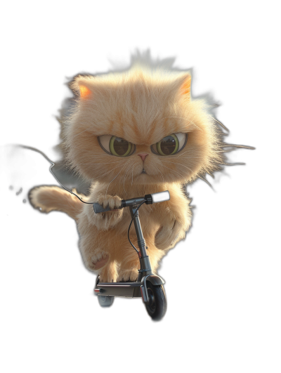 3D render of an angry Persian cat riding a scooter, black background, cute cartoon style, highly detailed fur and eyes, Pixar studio quality, cinematic lighting in the style of Pixar.