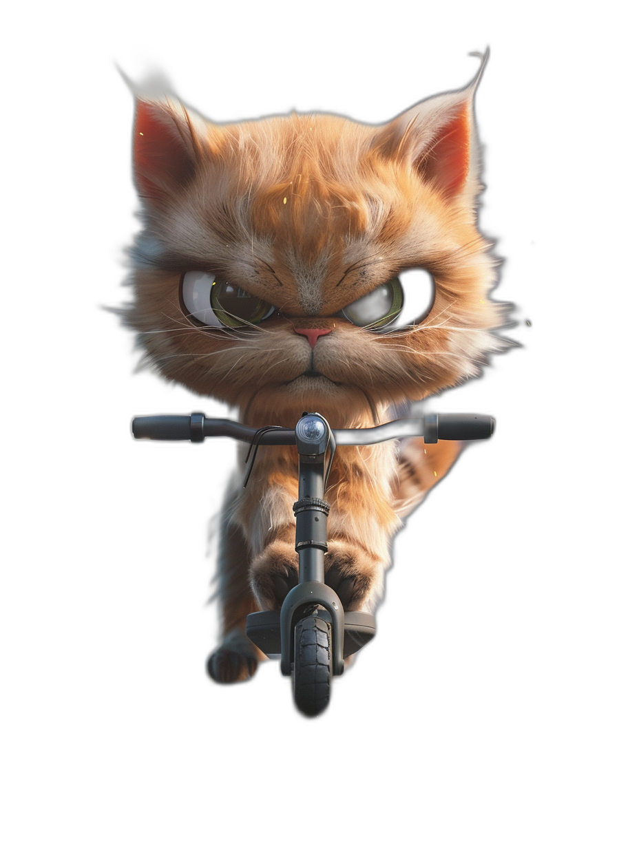 front view of an angry ginger cat riding an electric scooter in the style of a cartoon, 3d render in the style of Pixar with studio lighting and a symmetrical composition facing the camera directly on a black background without shadows on its face