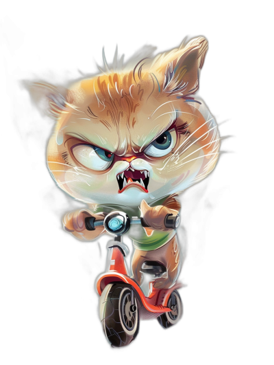 grumpy cat character on scooter, angry face, chibi style, stylistic painting, action scene, digital art, dark background, no text, in the style of visual