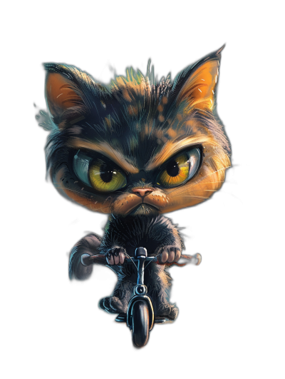 Cute cartoon illustration of an angry kitten riding on a scooter, black background, digital art in the style of Pixar.