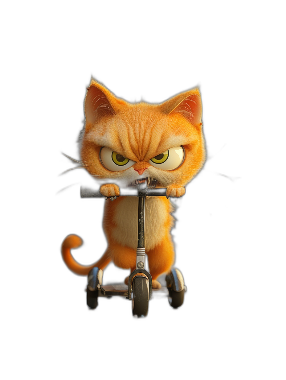 character design of an angry orange cat on a scooter, black background, 3D render in the style of Pixar, cute and adorable