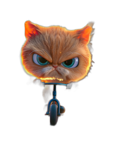 front view of an angry orange cat with blue eyes, sitting on top of the handlebar and seat of a children's scooter in the style of Pixar on a black background