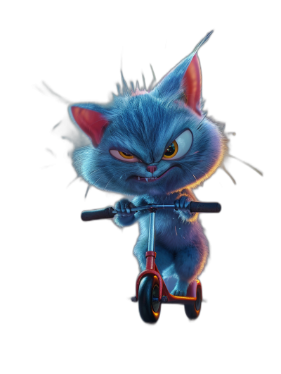 Character design of an angry blue cat on a scooter, in the style of Disney, on a black background, in the style of Pixar, cartoon character, 3D render, octane rendering, full body shot, cinematic light, hyper realistic