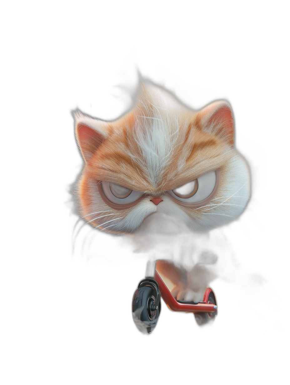 A cute cartoon cat with an angry expression, riding on a scooter against a black background with a red and white color scheme, in the style of Pixar, in the Disney animation style, high definition, high resolution, fluffy fur, big eyes, a close-up of its head, a black face, a cartoon character design, a cartoon shape, a 3D rendering, a dark orange color, white hair.