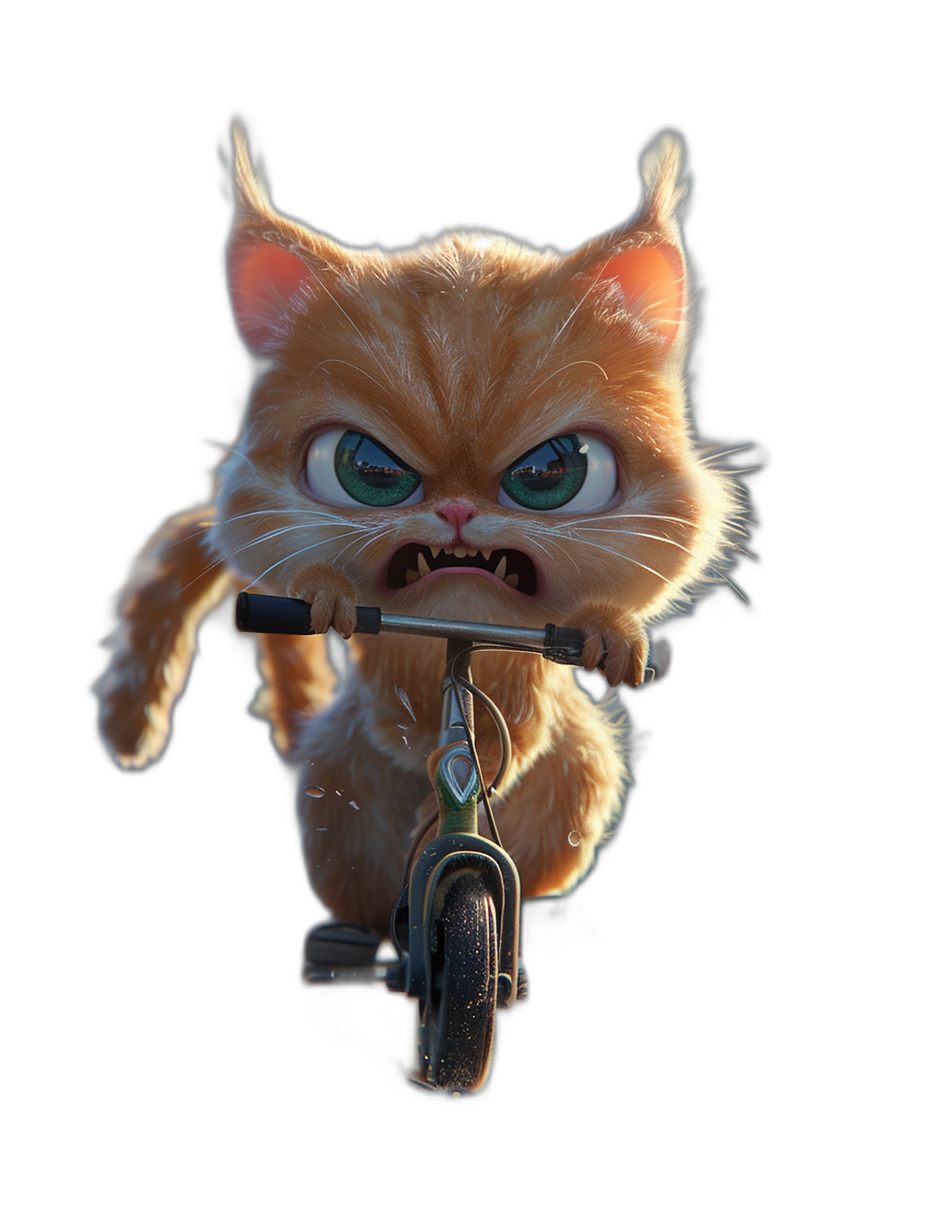 3D render of a cute kitten riding a scooter with an angry facial expression on a black background, in the style of Pixar.