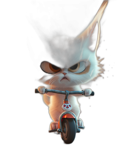 grumpy cat riding scooter, angry expression, cartoon style, 3d render, on black background, in the style of Pixar