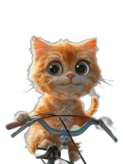 A cute orange cat riding on the front of bicycle, big eyes and happy expression, pure black background, Disney style, Pixar animation, character design, character close-up, high definition photography