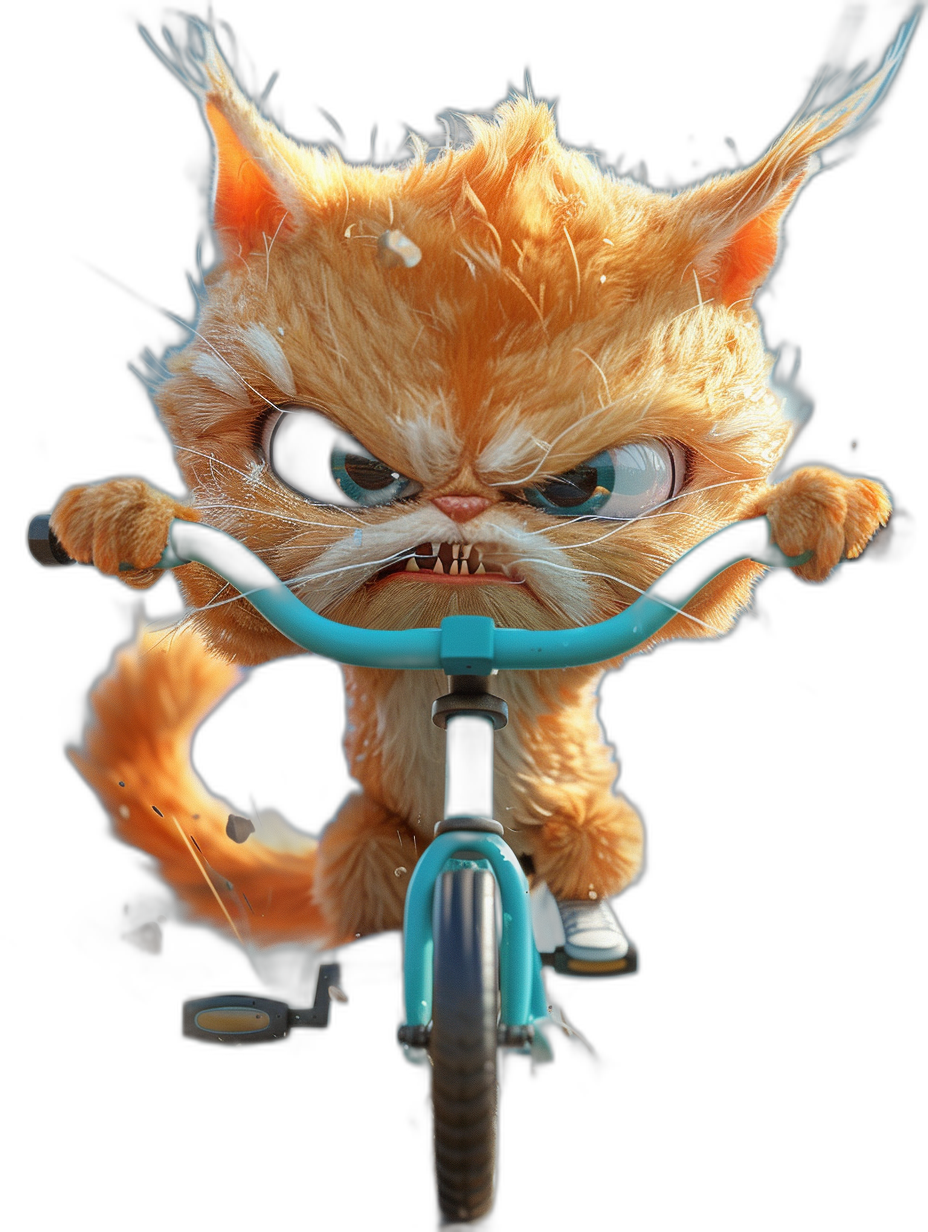 A cute orange cat with an angry expression, riding on the front of a cyan children’s bicycle, with a fluffy and furry texture, exaggerated expressions, in the style of Pixar, on a black background, rendered in octane, with a 3D effect, high definition, as a full body portrait, with a three-dimensional cartoon design, high resolution, fine details, high quality.