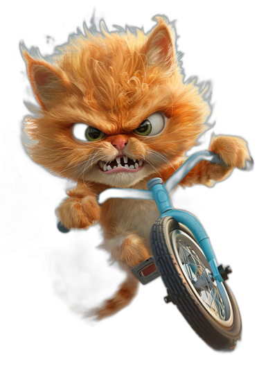 A cute Pixar style orange cat with an angry expression riding on the front of a bicycle, with a black background, in a high resolution style.