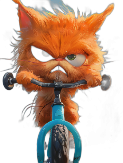 grumpy orange cat on blue tricycle, in the style of Pixar style cartoon character, angry face, black background, detailed fur, high resolution