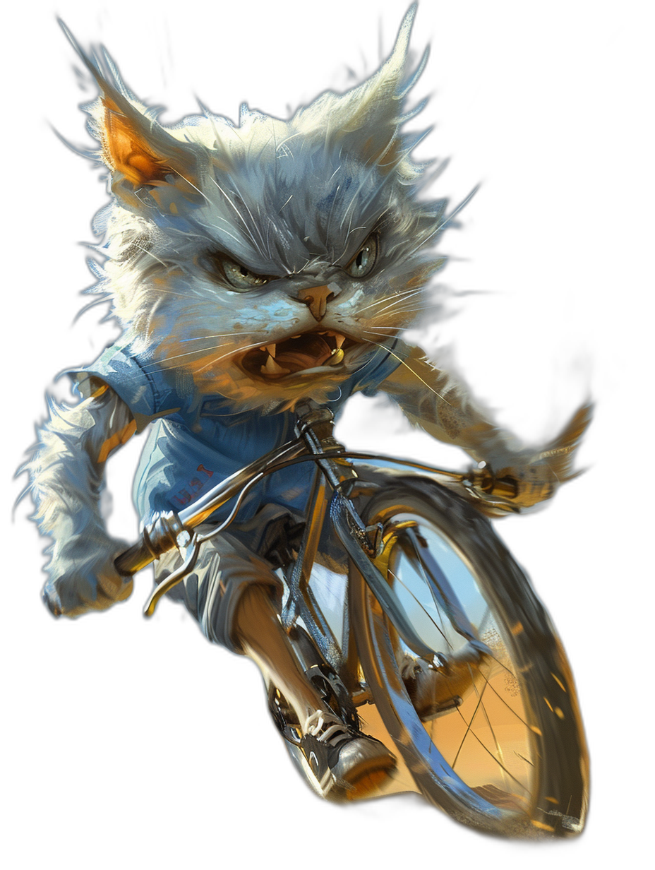 Full body illustration of an angry silver cat riding a bicycle, wearing a blue t-shirt and white pants against a black background in the style of fantasy art. The portrait is of a dnd character with a detailed face, glowing eyes, white fur with gray stripes. The digital painting features intricate details, 3D shading, soft lighting and vibrant colors in a cinematic style. The fantasy concept art is presented at high resolution with an ultra wide angle.
