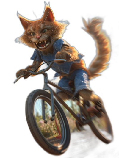 3D smooth caricature styled full length avatar of an orange cat riding on a bmx bike, black background with a double exposure effect. The subject is dressed in blue jeans and has a long tail, yellow eyes, sharp teeth, cute feline features. He’s holding the handle bar while riding the bike at high speed. Background shows the silhouette of a forest in the style of.