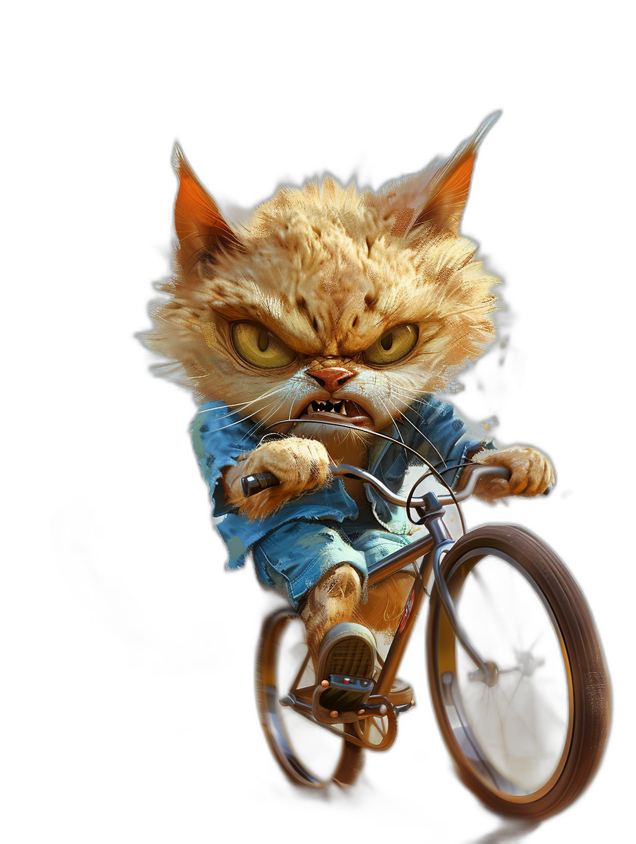 angry, cute cat in blue shirt riding on the bicycle , black background, photo realistic