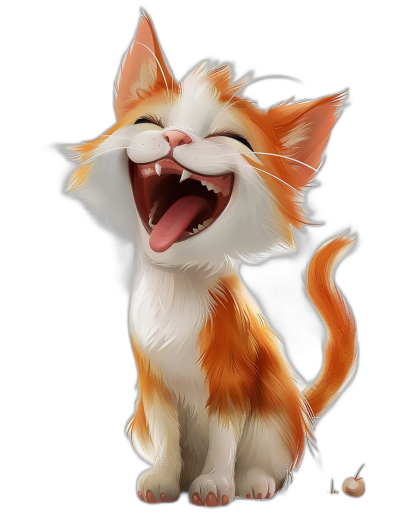 A cute cartoon cat laughing, with a white and orange fur color scheme, on a black background, in the digital art style, illustrated in the style of Pixar animation, with high definition details.