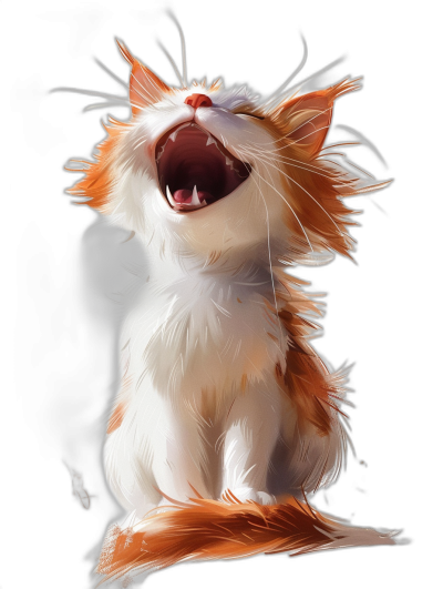 a cute happy orange and white cat howling, black background, fantasy art style, digital painting, high detail, hyper realistic