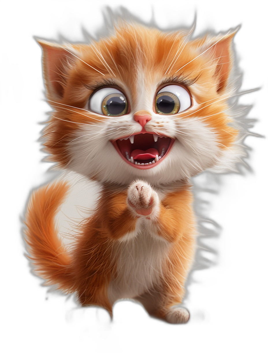 3D render of a cute, happy smiling orange and white kitten with big eyes and long fur against a black background in an action pose, in the style of Disney Pixar.