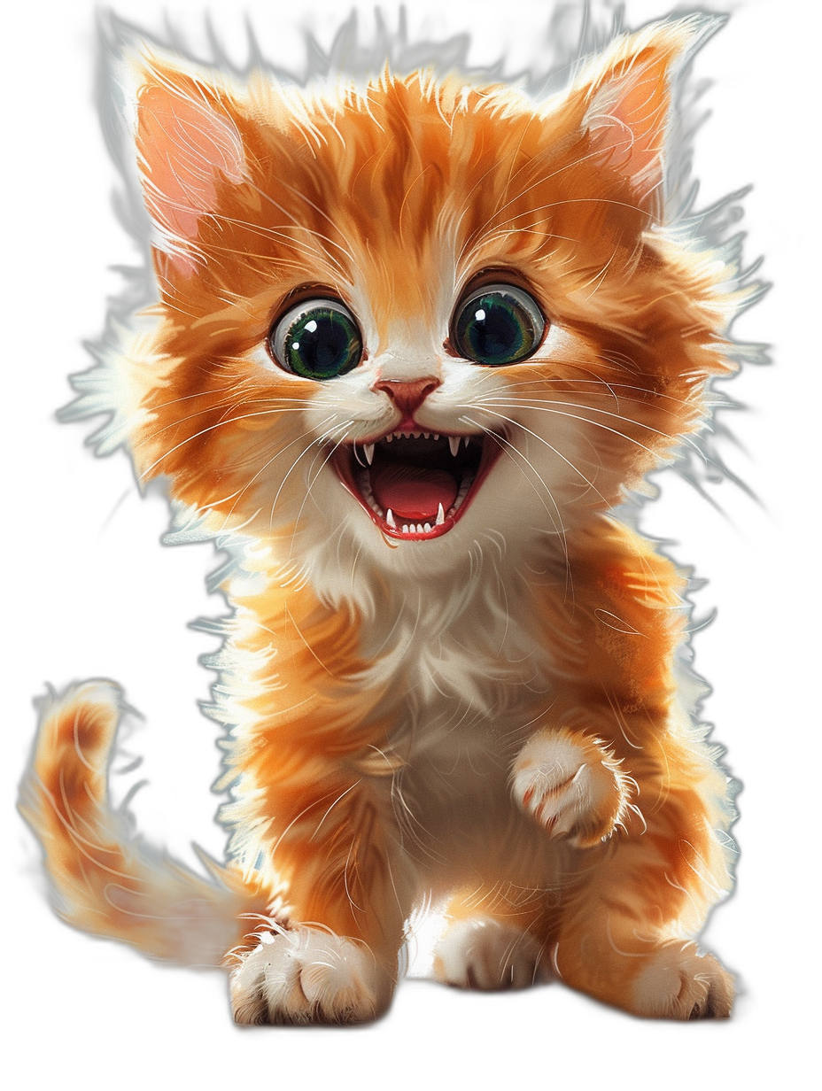 A cute orange kitten with white fur, big eyes and a smiling mouth on a black background in the full body digital art style.