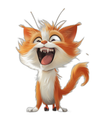 A cute happy cat in the style of Disney, cartoon character design showing the full body against a black background with orange and white fur color and sharp teeth visible in the mouth, exaggerated expression of laughter, high resolution digital art with high detail and high definition.