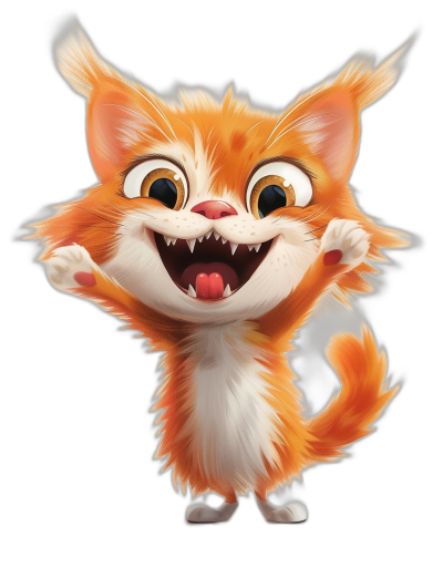 A cute orange and white cat, in the style of Pixar, with big eyes, a happy expression, and long tail raised high in the air showing its teeth, in a full body shot against a black background, with a cartoon character design, in high definition and high resolution.