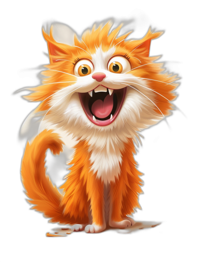 A cute orange and white cat laughing in the style of Disney, cartoon illustration showing the full body portrait against a black background. The illustration is high resolution and super detailed.