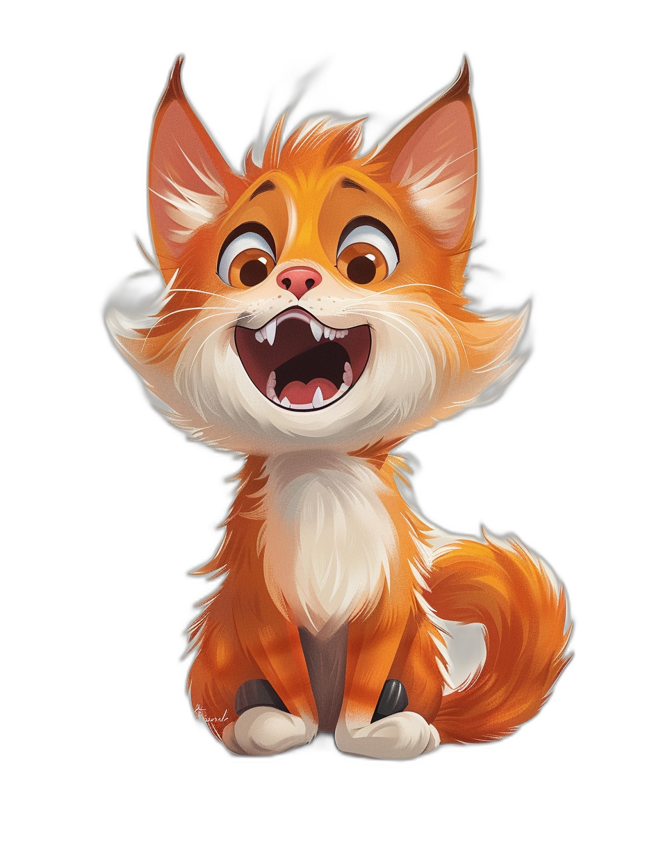 Cute cartoon orange cat, smiling expression, black background, in the style of Disney, vector illustration, simple lines, white hair on the head and body of an adorable little fox with big eyes, cute pet avatar in front view. It is laughing heartily and its mouth wide open to show teeth. The light around it highlights its fluffy fur. Cartoon character design, high-definition.