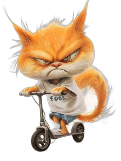 grumpy orange cat wearing a white t-shirt with "FOOL" written on it, riding a scooter on a black background, in the style of a caricature cartoon art illustration in the style of [Tiago Hoisel](https://goo.gl/search?artist%20Tiago%20Hoisel)