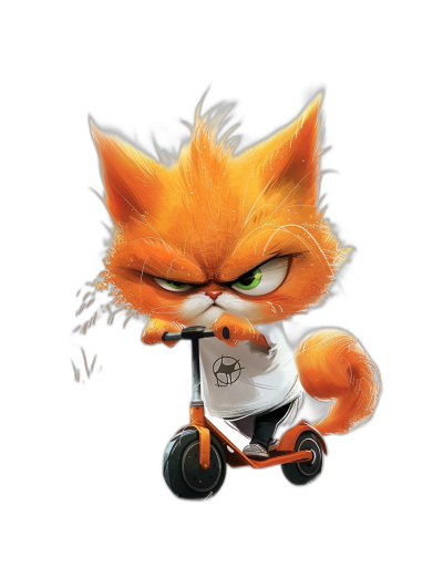 Cute orange cat cartoon character riding a scooter with an angry expression on its face, wearing a white t-shirt with a logo of the letter "V" against an isolated black background, digital art in the style of Pixar and Disney's CGI animation studios, character design concept sheet in the pixar illustration style, cute detailed vector portrait.