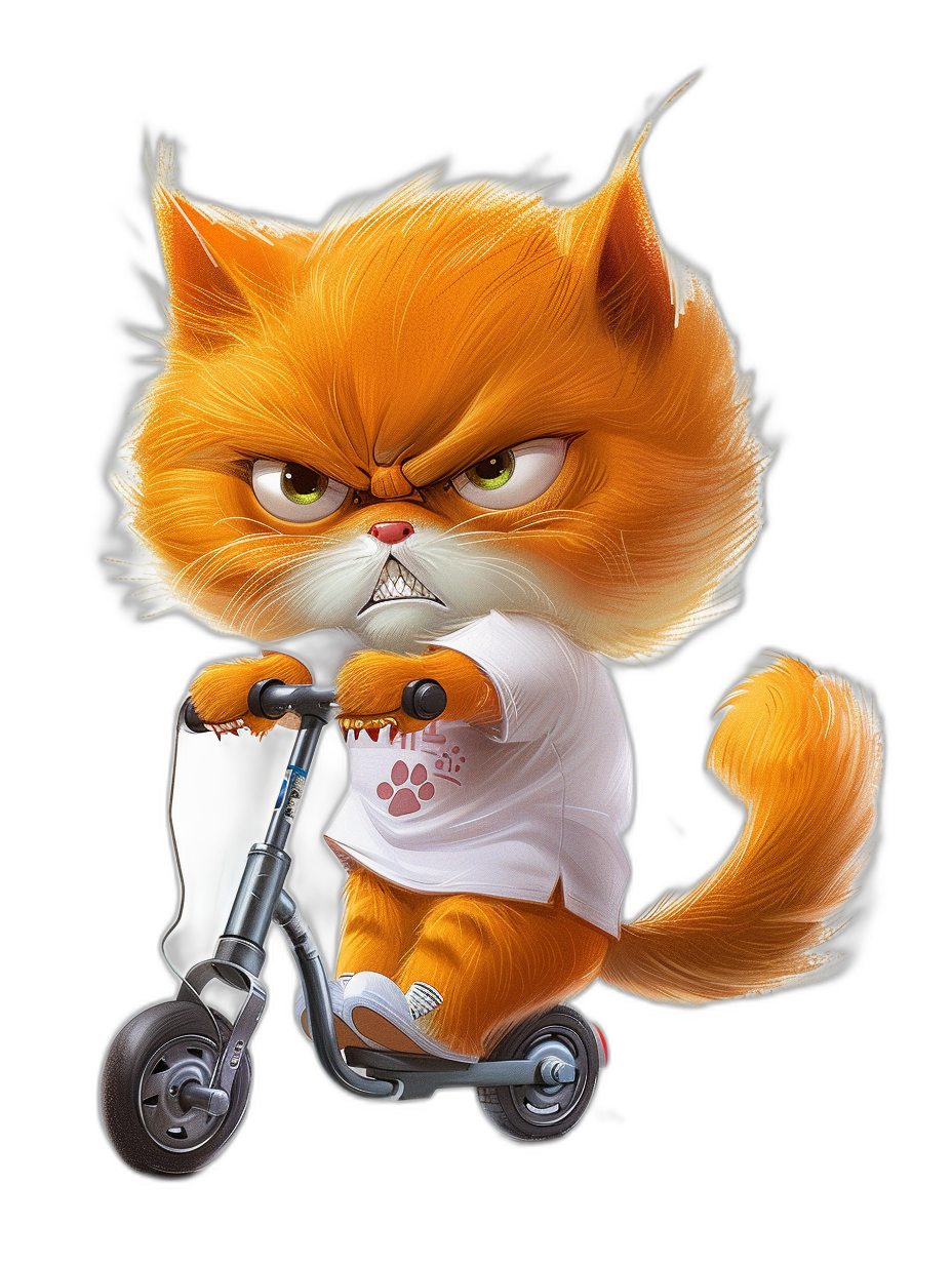 grumpy orange cat in a white t-shirt riding a scooter, with an angry face, in the style of a cartoon, on a black background, at a high resolution